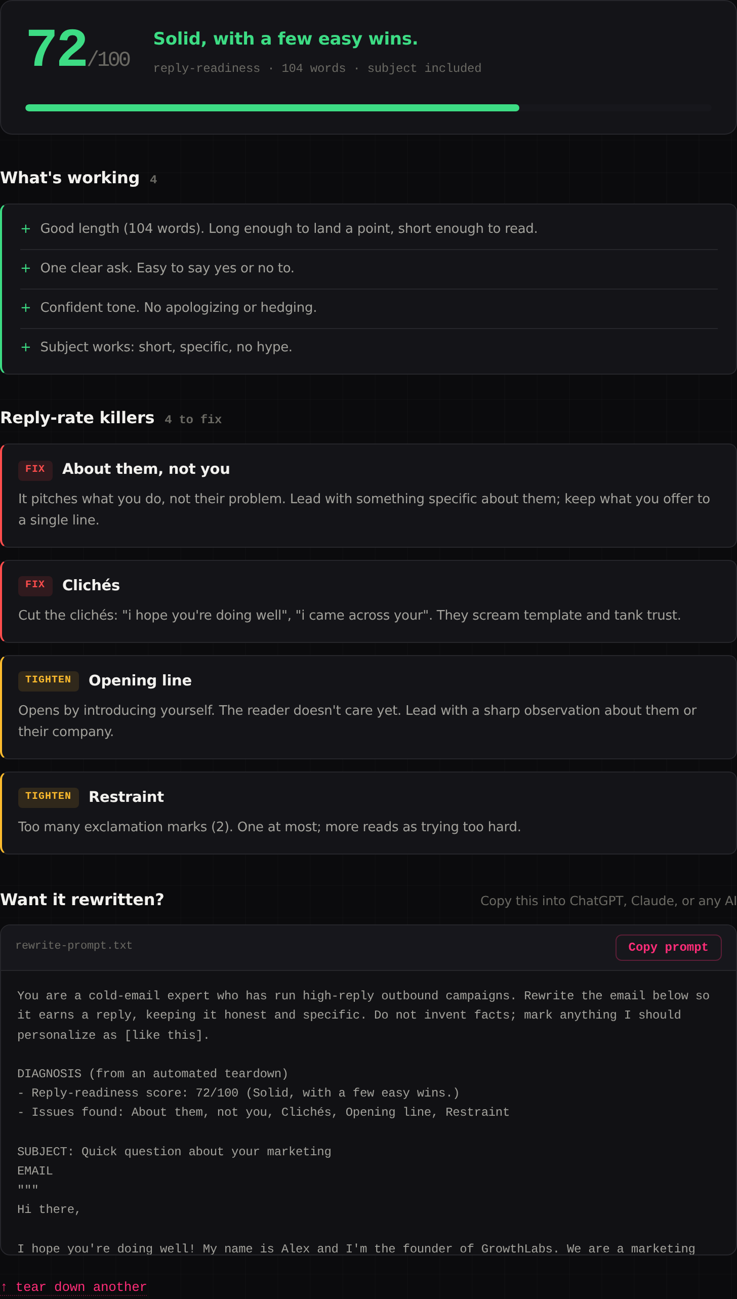Cold Email Teardown score